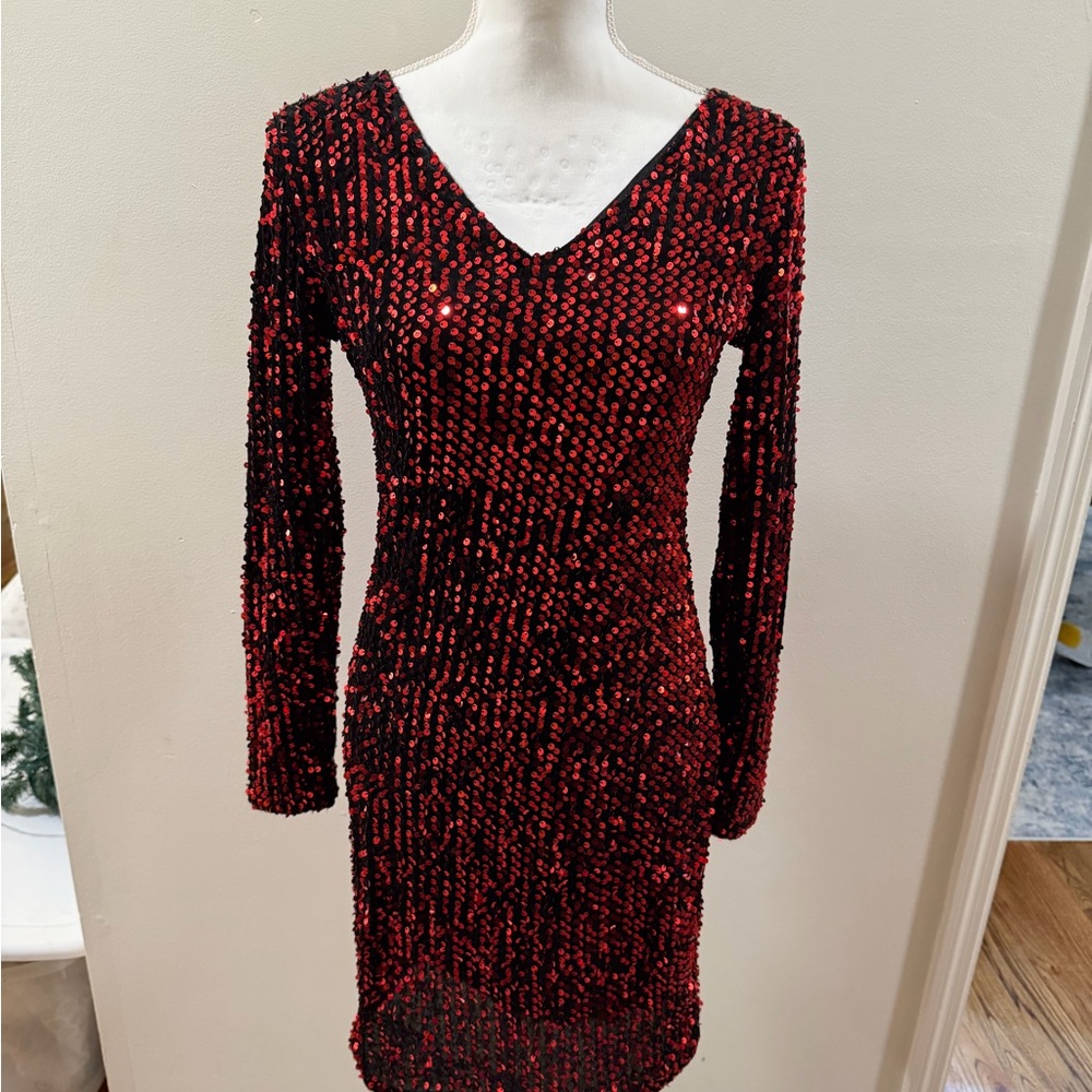 Red Sequin Long Sleeve V-Neck Dress